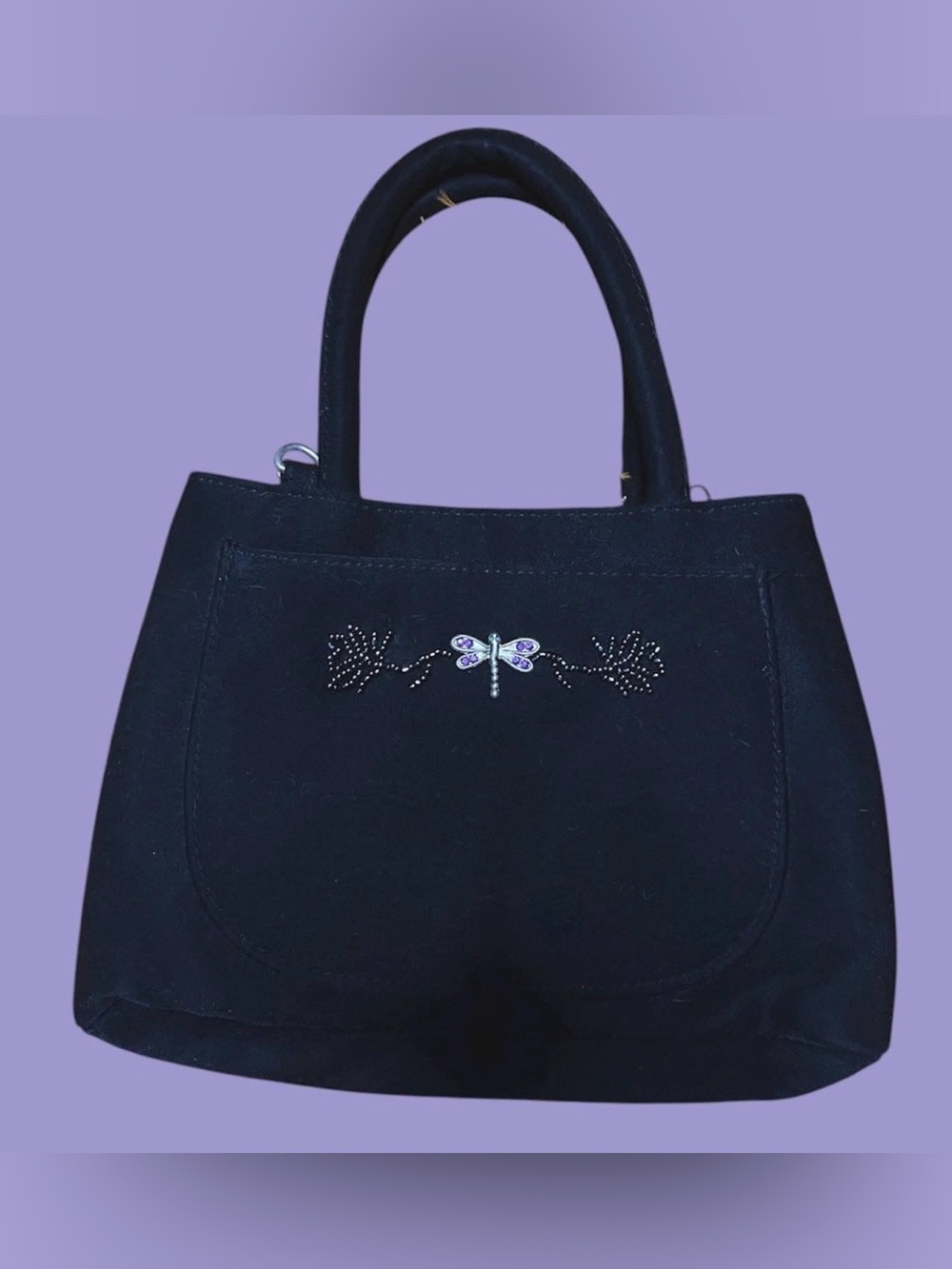 Y2K Black Women's Top-Handle Bag with beaded Dragonfly Accent